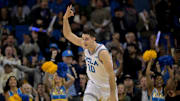 Feb 4, 2025; Los Angeles, California, USA; UCLA Bruins guard Lazar Stefanovic (10) celebrates after a 3-point basket late in the second half Michigan State Spartans at Pauley Pavilion presented by Wescom. Mandatory Credit: Jayne Kamin-Oncea-Imagn Images