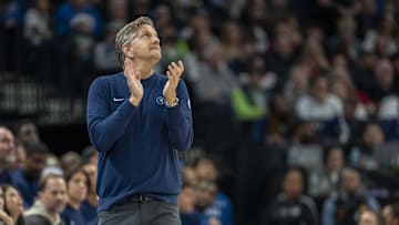Dec 21, 2024; Minneapolis, Minnesota, USA; Minnesota Timberwolves head coach Chris Finch looks on against the Golden State Warriors in the second half at Target Center. Mandatory Credit: Jesse Johnson-Imagn Images