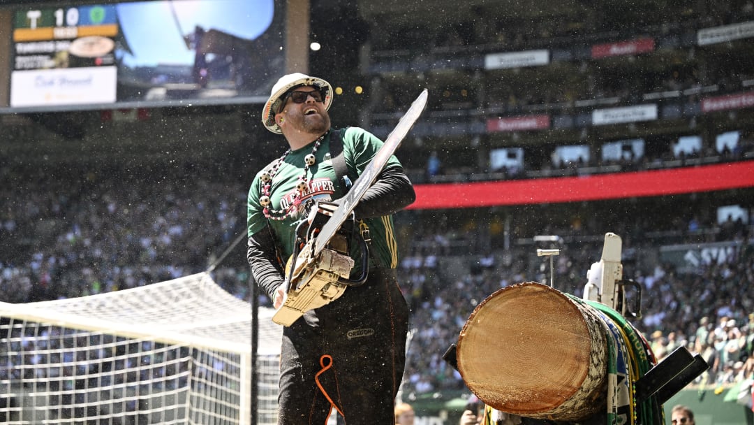 May 12, 2024; Portland, Oregon, USA; Portland Timbers mascot Timber Joey celebrates after a goal in