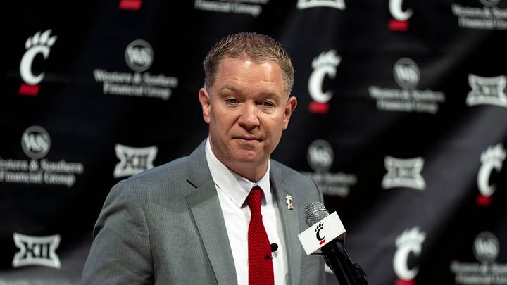 Cincinnati head coach Jerrod Calhoun speaks during a press conference announcing him as the head men's basketball coach at Fifth Third Arena in Cincinnati on Wednesday, March 25, 2026.