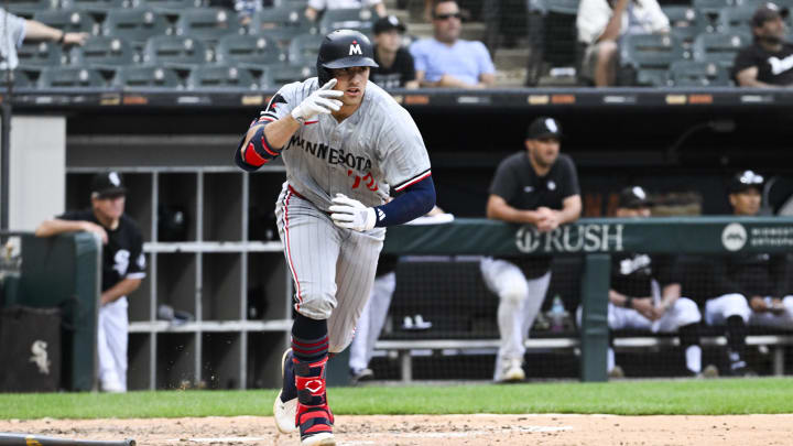 Jul 10, 2024; Chicago, Illinois, USA;  Minnesota Twins third base Brooks Lee (72) celebrates after hitting a home run against the Chicago White Sox during the sixth inning at Guaranteed Rate Field. Mandatory Credit: Matt Marton-USA TODAY Sports