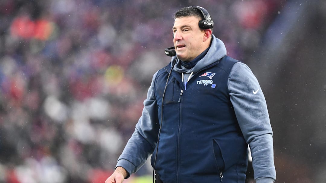 Jan 18, 2026; Foxborough, MA, USA; New England Patriots head coach Mike Vrabel looks on in the first half in an AFC Divisional Round game against the Houston Texans at Gillette Stadium. Mandatory Credit: Brian Fluharty-Imagn Images