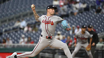 May 22, 2025; Washington, District of Columbia, USA; Atlanta Braves pitcher AJ Smith-Shawver (32) throws to the Washington Nationals during the second inning at Nationals Park. Mandatory Credit: Brad Mills-Imagn Images