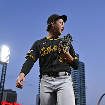 Pittsburgh Pirates starting pitcher Paul Skenes (30) walks off the field after the second inning against the St. Louis Cardinals at Busch Stadium on Sept 16.