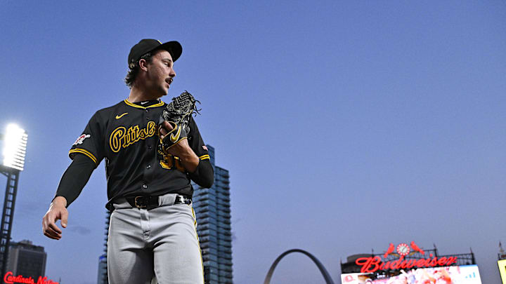 Pittsburgh Pirates starting pitcher Paul Skenes (30) walks off the field after the second inning against the St. Louis Cardinals at Busch Stadium on Sept 16.