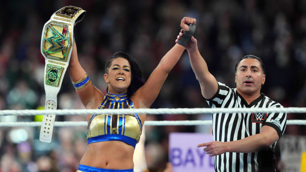 Apr 7, 2024; Philadelphia, PA, USA; Women’s Championship match between Iyo Sky and Bayley during WrestleMania 40.