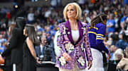 Mar 30, 2025; Spokane, WA, USA;  LSU Lady Tigers head coach Kim Mulkey walks the sideline during the first half of a Elite 8 NCAA Tournament basketball game against the UCLA Bruins at Spokane Arena. Mandatory Credit: James Snook-Imagn Images
