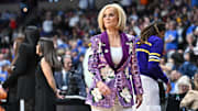 Mar 30, 2025; Spokane, WA, USA;  LSU Lady Tigers head coach Kim Mulkey walks the sideline during the first half of a Elite 8 NCAA Tournament basketball game against the UCLA Bruins at Spokane Arena. Mandatory Credit: James Snook-Imagn Images