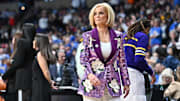 Mar 30, 2025; Spokane, WA, USA;  LSU Lady Tigers head coach Kim Mulkey walks the sideline during the first half of a Elite 8 NCAA Tournament basketball game against the UCLA Bruins at Spokane Arena. Mandatory Credit: James Snook-Imagn Images