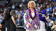 Mar 30, 2025; Spokane, WA, USA;  LSU Lady Tigers head coach Kim Mulkey walks the sideline during the first half of a Elite 8 NCAA Tournament basketball game against the UCLA Bruins at Spokane Arena. Mandatory Credit: James Snook-Imagn Images