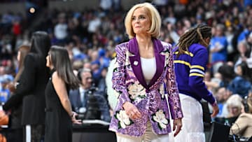 Mar 30, 2025; Spokane, WA, USA;  LSU Lady Tigers head coach Kim Mulkey walks the sideline during the first half of a Elite 8 NCAA Tournament basketball game against the UCLA Bruins at Spokane Arena. Mandatory Credit: James Snook-Imagn Images