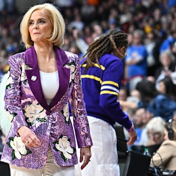Mar 30, 2025; Spokane, WA, USA;  LSU Lady Tigers head coach Kim Mulkey walks the sideline during the first half of a Elite 8 NCAA Tournament basketball game against the UCLA Bruins at Spokane Arena. Mandatory Credit: James Snook-Imagn Images