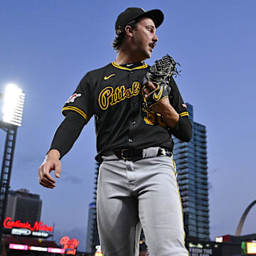 Pittsburgh Pirates starting pitcher Paul Skenes (30) walks off the field after the second inning against the St. Louis Cardinals at Busch Stadium. 