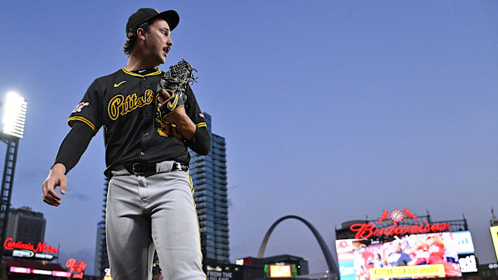 Pittsburgh Pirates starting pitcher Paul Skenes (30) walks off the field after the second inning against the St. Louis Cardinals at Busch Stadium. 