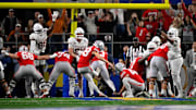 Ohio State Buckeyes place kicker Jayden Fielding in action during the game against Texas in the College Football Playoff.