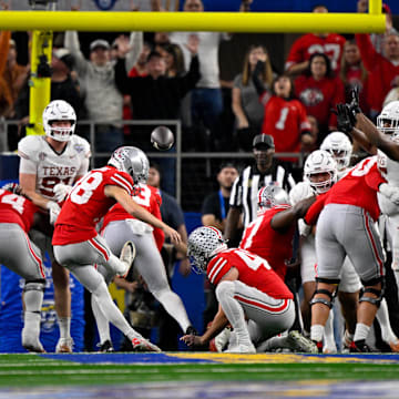 Ohio State Buckeyes place kicker Jayden Fielding in action during the game against Texas in the College Football Playoff.