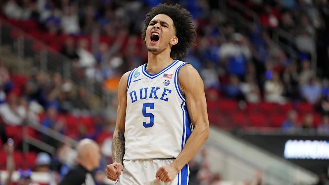 Mar 23, 2025; Raleigh, NC, USA; Duke Blue Devils guard Tyrese Proctor (5) reacts after a play against the Baylor Bears during the second half in the second round of the NCAA Tournament at Lenovo Center.  Mandatory Credit: Bob Donnan-Imagn Images