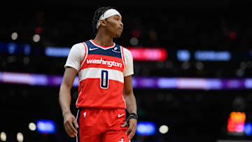 Feb 7, 2025; Washington, District of Columbia, USA; Washington Wizards guard Bilal Coulibaly (0) looks on during the second quarter against the Cleveland Cavaliers at Capital One Arena. Mandatory Credit: Reggie Hildred-Imagn Images