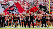 Sep 6, 2025; Raleigh, North Carolina, USA; North Carolina State Wolfpack cheerleaders before the first half of the game against Virginia Cavaliers at Carter-Finley Stadium. Mandatory Credit: Jaylynn Nash-Imagn Images