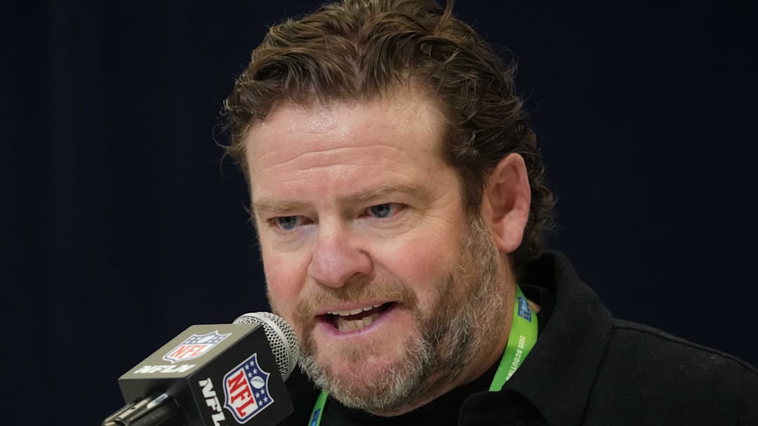Feb 25, 2025; Indianapolis, IN, USA; Seattle Seahawks general manager John Schneider speaks during the NFL Scouting Combine at the Indiana Convention Center. Mandatory Credit: Kirby Lee-Imagn Images