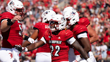 Louisville Cardinals running back Keyjuan Brown (22) celebrates his touchdown during their game against the Jacksonville State Gamecocks on Saturday, Sept. 7, 2024 at L&N Federal Credit Union Stadium in Louisville, Ky.