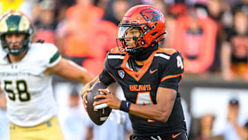 Oct 5, 2024; Corvallis, Oregon, USA; Oregon State Beavers quarterback Gevani McCoy (4) runs the ball during the second half against the Colorado State Rams at Reser Stadium. Mandatory Credit: Craig Strobeck-Imagn Images