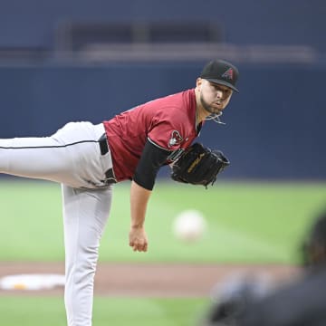 Jun 6, 2024; San Diego, California, USA; Arizona Diamondbacks starting pitcher Slade Cecconi (43) delivers during the first inning against the San Diego Padres at Petco Park. Mandatory Credit: Denis Poroy-USA TODAY Sports at Petco Park. 