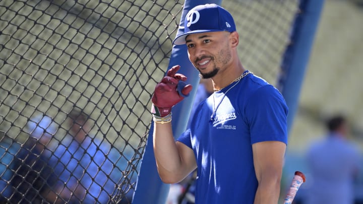 Aug 28, 2024; Los Angeles, California, USA;  Los Angeles Dodgers shortstop Mookie Betts warms up.