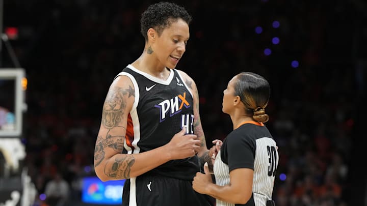 May 21, 2023; Phoenix, Arizona, USA; Phoenix Mercury center Brittney Griner (42) talks to WNBA official Sha'Rae Mitchell in the second half against the Chicago Sky at Footprint Center. Mandatory Credit: Rick Scuteri-Imagn Images