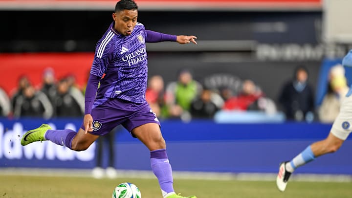 Mar 8, 2025; New York, New York, USA; Orlando City forward Luis Muriel (9) shoots the ball during the first half against New York City FC at Yankee Stadium. Mandatory Credit: Mark Smith-Imagn Images
