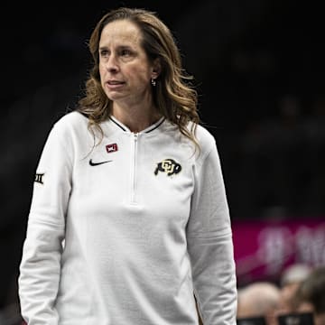 Mar 7, 2025; Kansas City, MO, USA; Colorado Buffaloes head coach JR Payne looks on during the first quarter against the TCU Horned Frogs at T-Mobile Center.