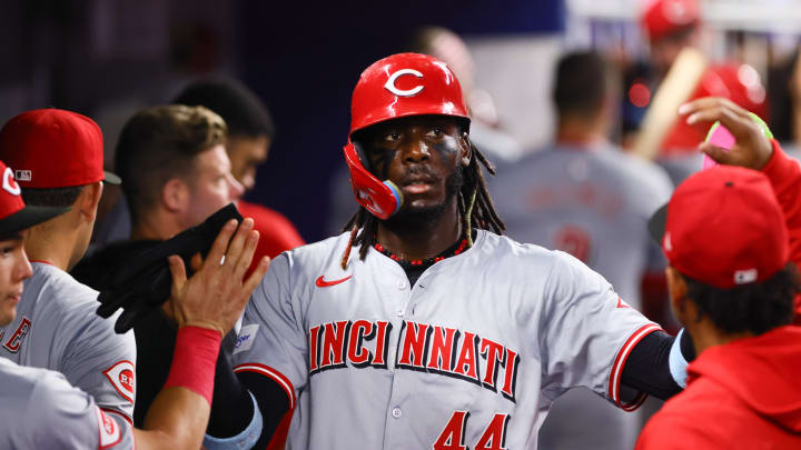 Cincinnati Reds shortstop Elly De La Cruz (44) celebrates with teammates after scoring against the Miami Marlins during the third inning at loanDepot Park. 