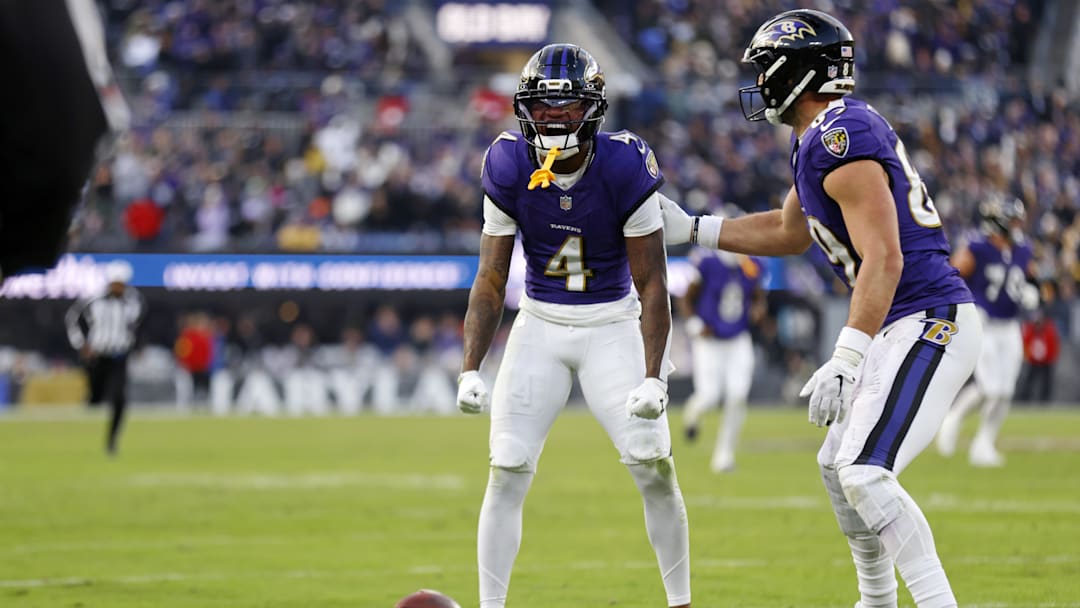 Dec 7, 2025; Baltimore, Maryland, USA; Baltimore Ravens wide receiver Zay Flowers (4) reacts after a play against the Pittsburgh Steelers during the second half at M&T Bank Stadium. Mandatory Credit: Peter Casey-Imagn Images