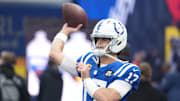 Nov 9, 2025; Berlin, Germany; Indianapolis Colts quarterback Daniel Jones (17) warms up before playing against the Atlanta Falcons during the NFL Berlin Game at Olympic Stadium. 