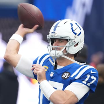 Nov 9, 2025; Berlin, Germany; Indianapolis Colts quarterback Daniel Jones (17) warms up before playing against the Atlanta Falcons during the NFL Berlin Game at Olympic Stadium. 
