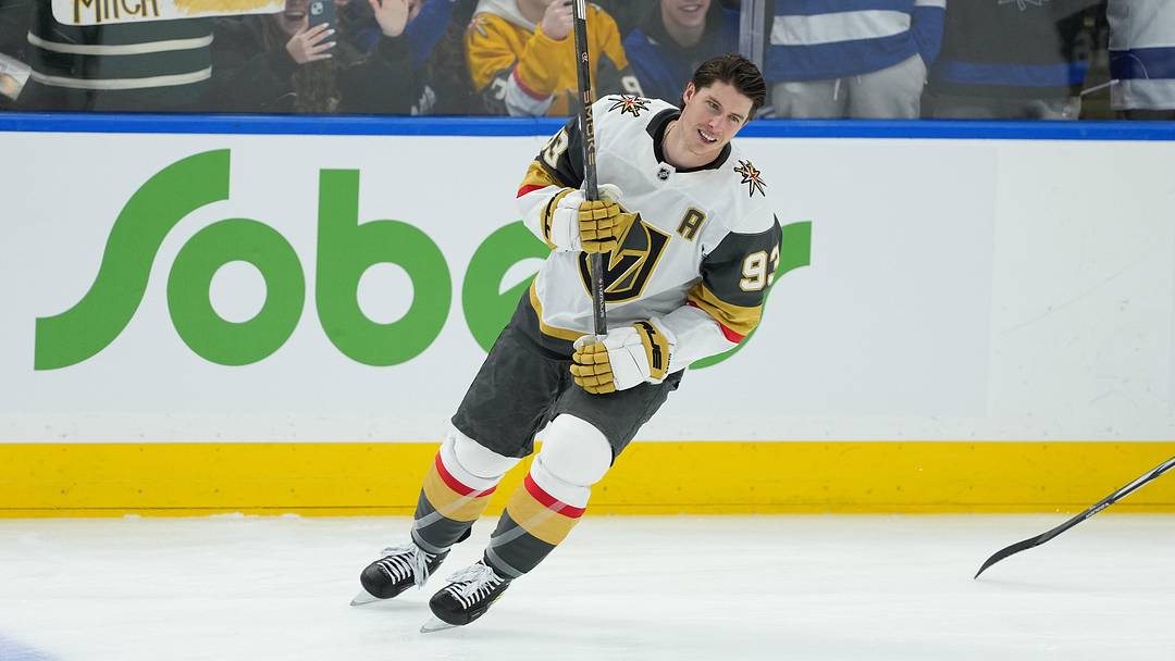 Jan 23, 2026; Toronto, Ontario, CAN; Vegas Golden Knights right wing Mitch Marner (93) skates during the warmup before a game against the Toronto Maple Leafs at Scotiabank Arena. Mandatory Credit: Nick Turchiaro-Imagn Images
