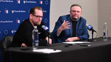Apr 13, 2025; Philadelphia, Pennsylvania, USA; Philadelphia 76ers president of basketball operations Daryl Morey addresses the media with head coach Nick Nurse after the game against the Chicago Bulls at Wells Fargo Center. Mandatory Credit: Kyle Ross-Imagn Images