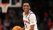 Auburn Tigers guard Tahaad Pettiford celebrates after a play.