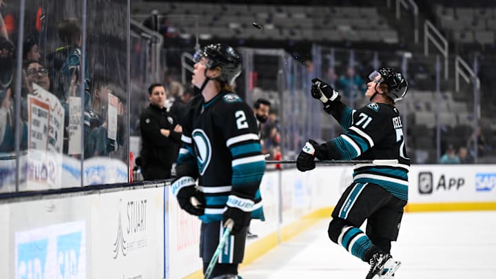 Apr 3, 2025; San Jose, California, USA; San Jose Sharks center Macklin Celebrini (71) and center Will Smith (2) throw pucks into the crowd during warm ups before their game against the Edmonton Oilers at SAP Center at San Jose. Mandatory Credit: Eakin Howard-Imagn Images Apr 3, 2025; San Jose, California, USA; San Jose Sharks center Macklin Celebrini (71) and center Will Smith (2) throw pucks into the crowd during warm ups before their game against the Edmonton Oilers at SAP Center at San Jose. Mandatory Credit: Eakin Howard-Imagn Images