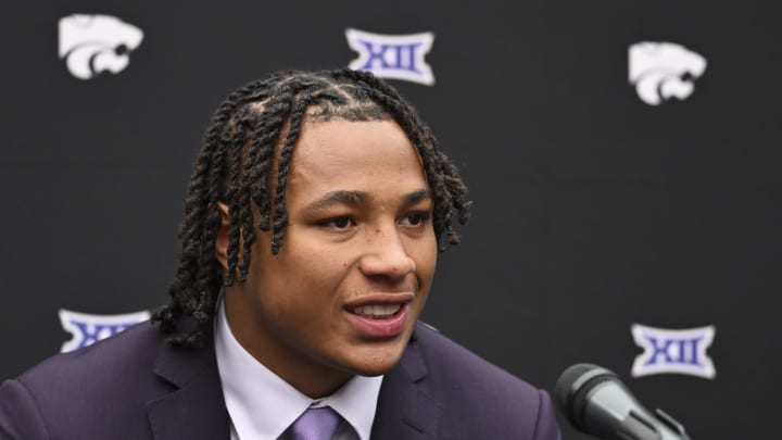 Jul 9, 2024; Las Vegas, NV, USA; Kansas State defensive back Marques Sigle speaks to the media during the Big 12 Media Days at Allegiant Stadium. Mandatory Credit: Candice Ward-USA TODAY Sports