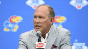 Jul 10, 2024; Las Vegas, NV, USA; Kansas Jayhawks head coach Lance Leipold speaks to the media during the Big 12 Media Days at Allegiant Stadium. Mandatory Credit: Candice Ward-USA TODAY Sports