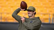Indianapolis Colts quarterback Daniel Jones (17) warms up before a game against the Pittsburgh Steelers at Acrisure Stadium.  