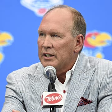 Jul 10, 2024; Las Vegas, NV, USA; Kansas Jayhawks head coach Lance Leipold speaks to the media during the Big 12 Media Days at Allegiant Stadium. Mandatory Credit: Candice Ward-Imagn Images