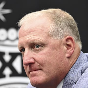 Jul 9, 2024; Las Vegas, NV, USA; Head coach Chris Klieman of Kansas State speaks to the media during the Big 12 Media Days at Allegiant Stadium. Mandatory Credit: Candice Ward-Imagn Images