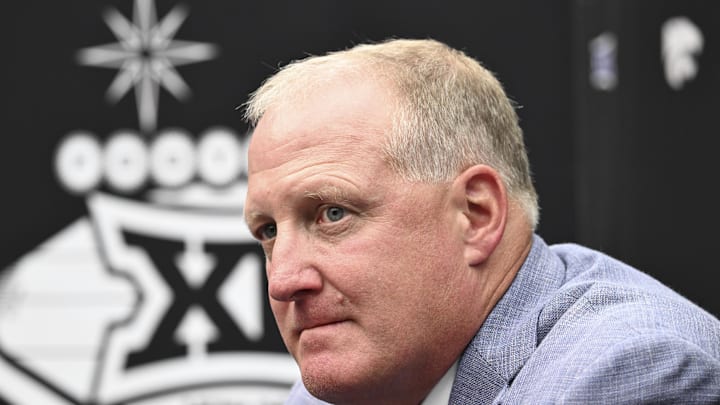 Jul 9, 2024; Las Vegas, NV, USA; Head coach Chris Klieman of Kansas State speaks to the media during the Big 12 Media Days at Allegiant Stadium. Mandatory Credit: Candice Ward-Imagn Images