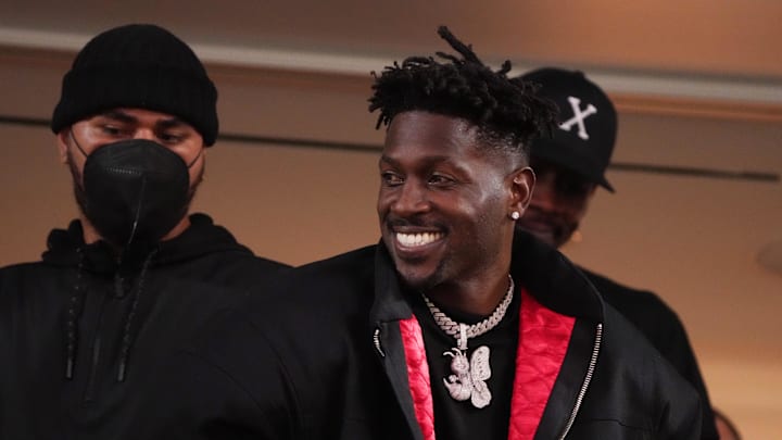 NFL free agent Antonio Brown smiles in the third quarter in Super Bowl LVI at SoFi Stadium. NFL free agent Antonio Brown smiles in the third quarter in Super Bowl LVI at SoFi Stadium.