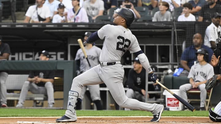 Aug 14, 2024; Chicago, Illinois, USA;  New York Yankees outfielder Juan Soto (22) hits a home run against the Chicago White Sox during the first inning at Guaranteed Rate Field.