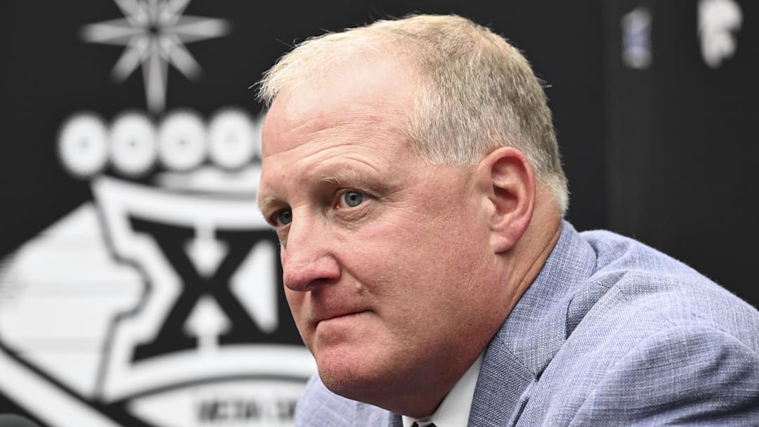 Jul 9, 2024; Las Vegas, NV, USA; Head coach Chris Klieman of Kansas State speaks to the media during the Big 12 Media Days at Allegiant Stadium. Mandatory Credit: Candice Ward-Imagn Images