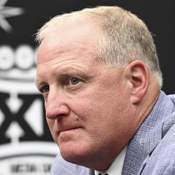 Jul 9, 2024; Las Vegas, NV, USA; Head coach Chris Klieman of Kansas State speaks to the media during the Big 12 Media Days at Allegiant Stadium. Mandatory Credit: Candice Ward-Imagn Images