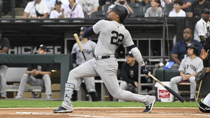 Aug 14, 2024; Chicago, Illinois, USA;  New York Yankees outfielder Juan Soto (22) hits a home run against the Chicago White Sox during the first inning at Guaranteed Rate Field. Mandatory Credit: Matt Marton-USA TODAY Sports